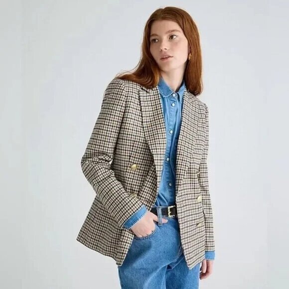 J. Crew Brynn Plaid Nello Gori Italian Wool Blend Brown Black Blazer Size 0 - Picture 1 of 7